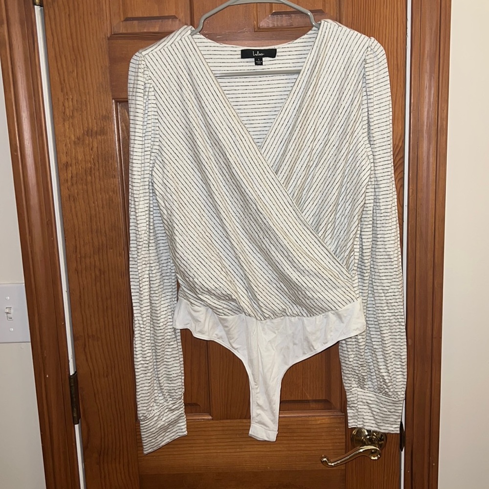 Lulus White Striped Long Sleeve Bodysuit